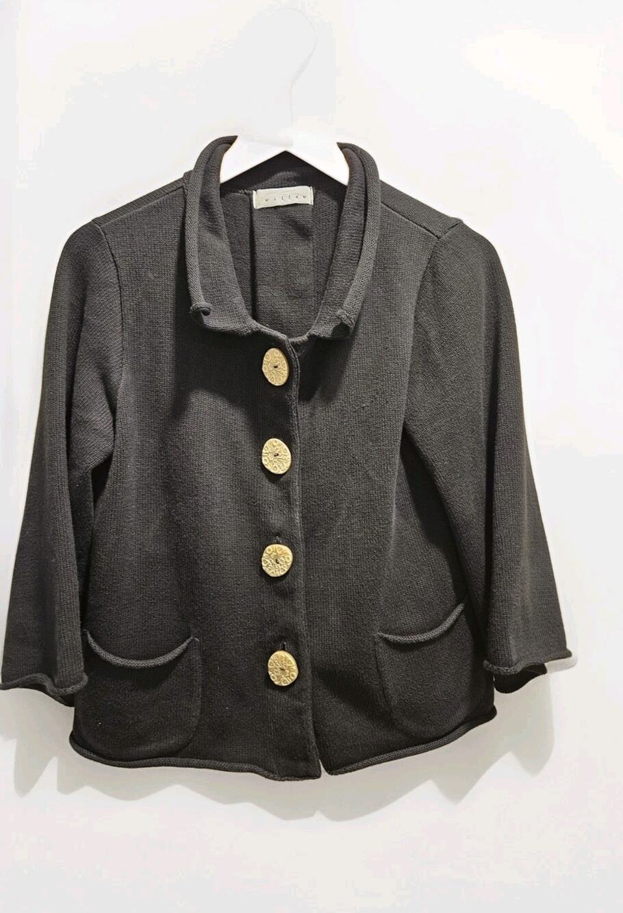 Willow Womens Black Cardigan Sweater Jacket Sz Medium Big Wooden Snap Button